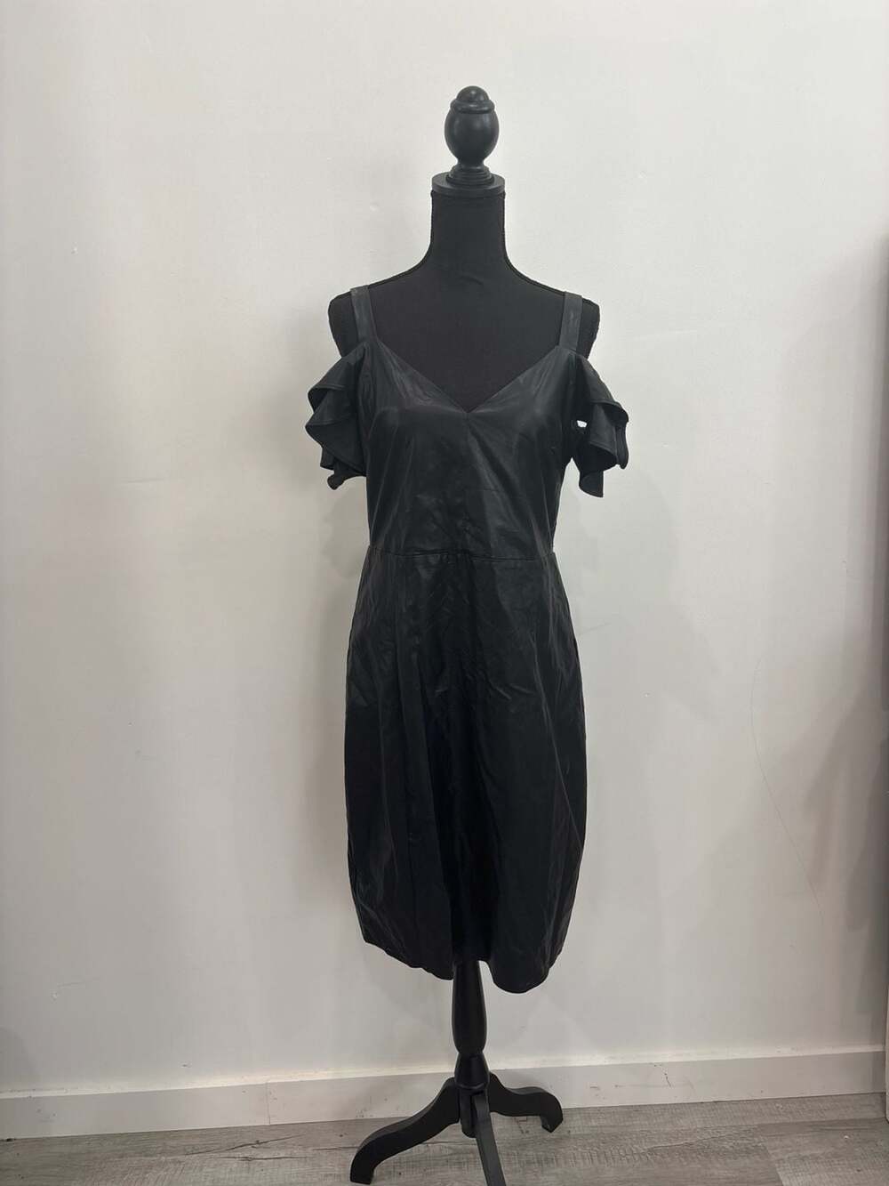 bebe Faux Leather Cold Shoulder Ruffle Sleeve V-Neck Midi Dress